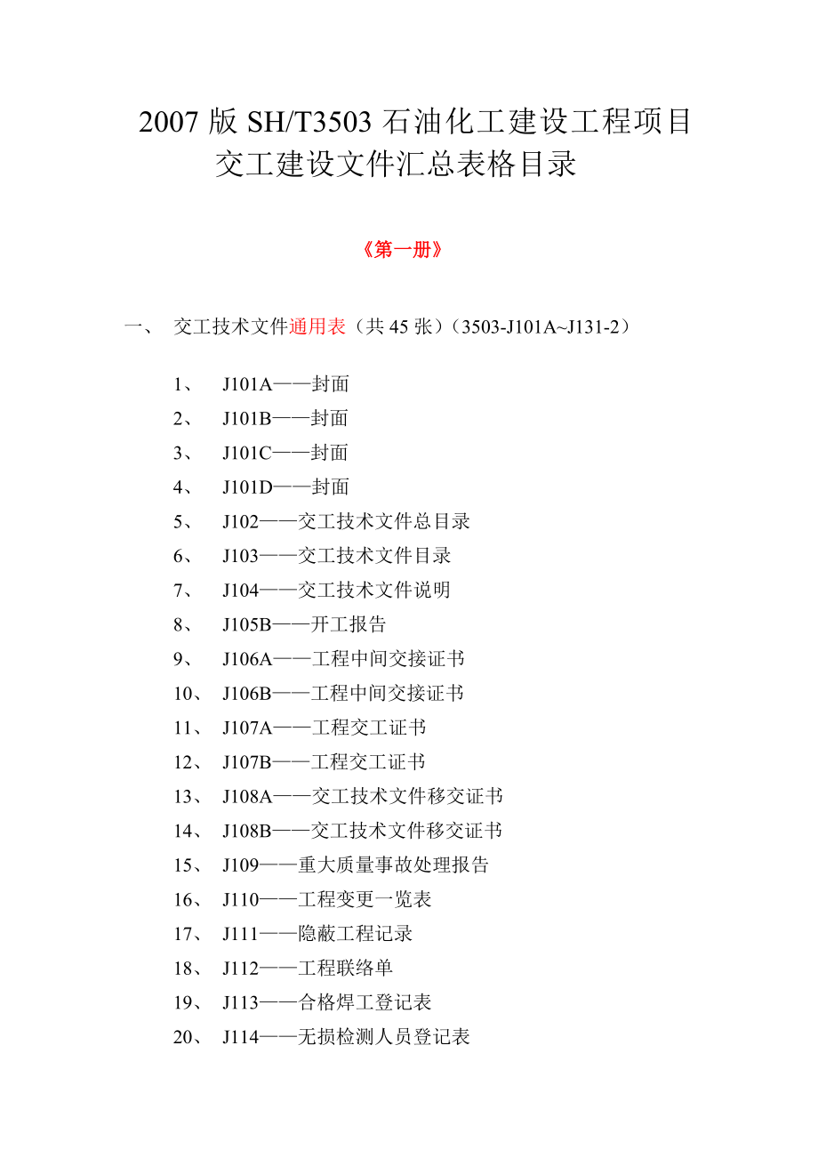 石油化工建设工程项目交工技术文件规定SH T3503交工资料表格目录清单.doc_第1页