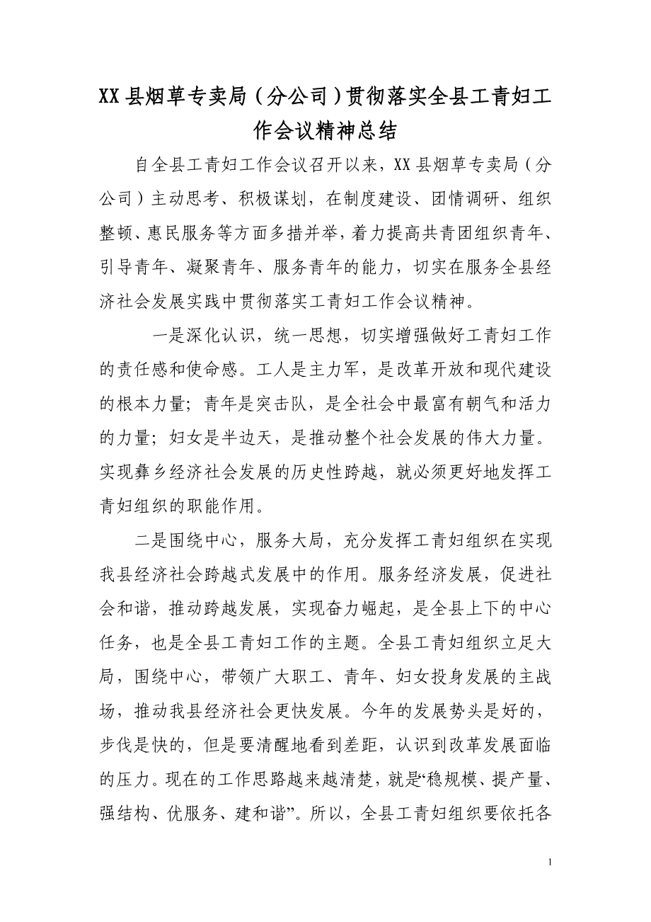 烟草专卖（分公司）贯彻落实全县工青妇工作会议精神总结.doc_第1页