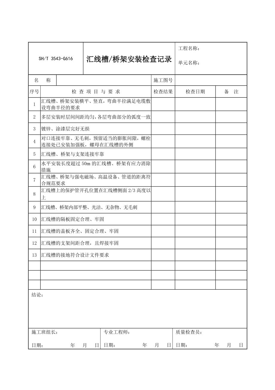 SHT3543石油化工建设工程项目施工过程技术文件规定表格3543G616汇线槽、桥架安装检查记录.doc_第1页