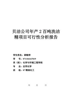 贝洁公司产2百吨洗洁精项目可行性分析报告可行性报告10926.doc