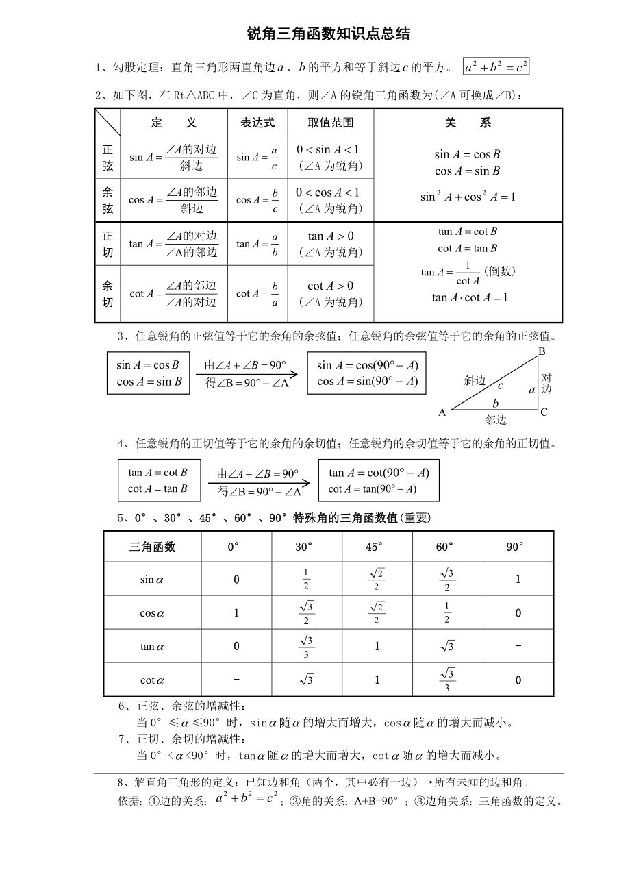 最新初中三角函数知识点总结及中考真题.doc_第1页