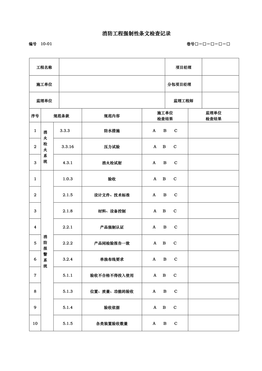 消防工程强制性条文检查记录文本.doc_第1页