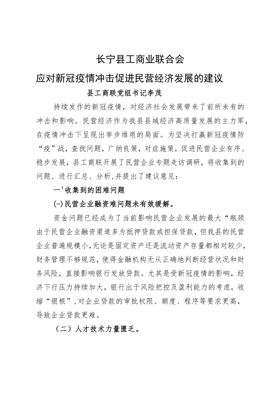 应对新冠疫情冲击促进民营经济发展的建议.docx_第1页