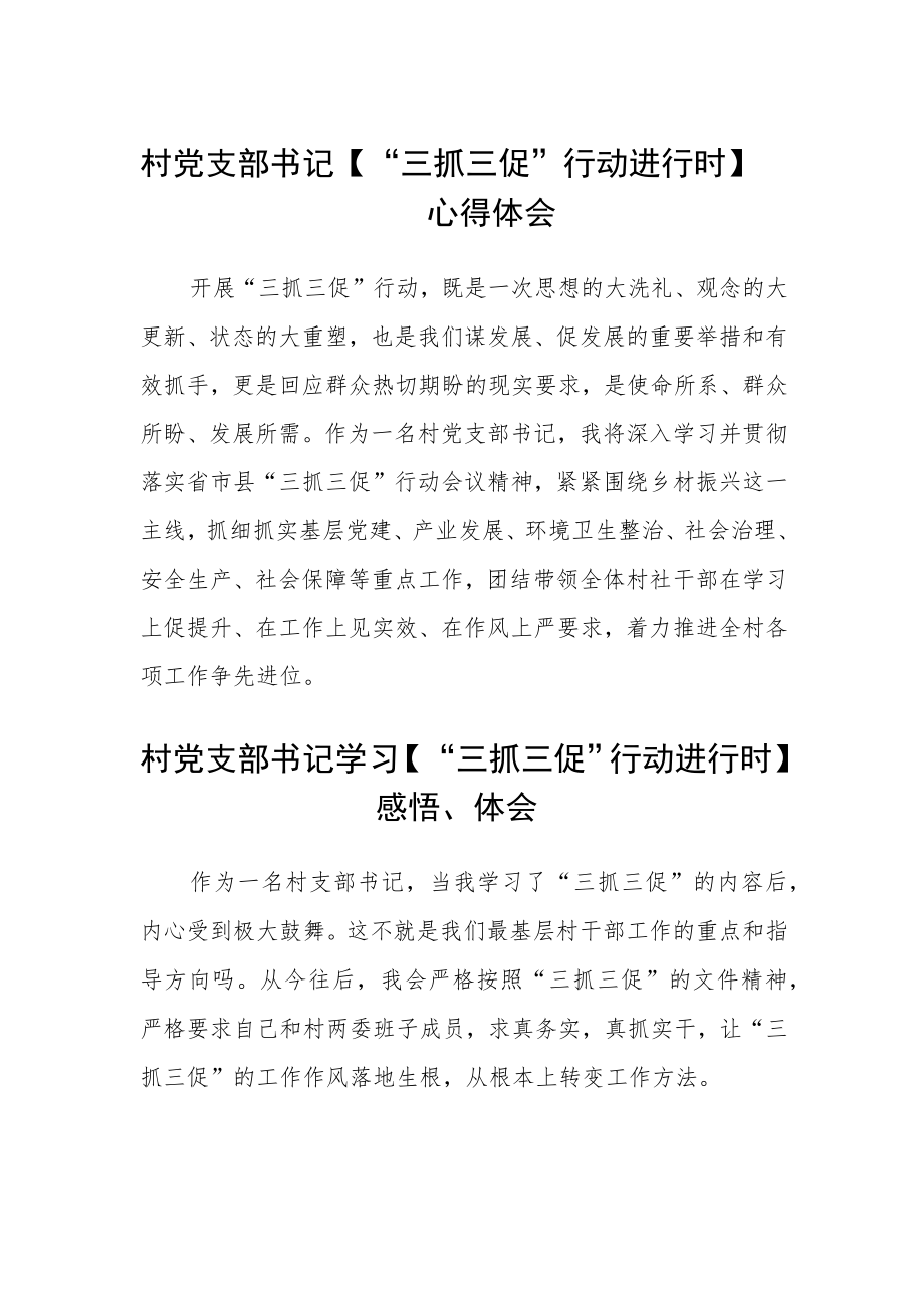 村党支部书记【“三抓三促”行动进行时】心得体会范文集合三篇.docx_第1页