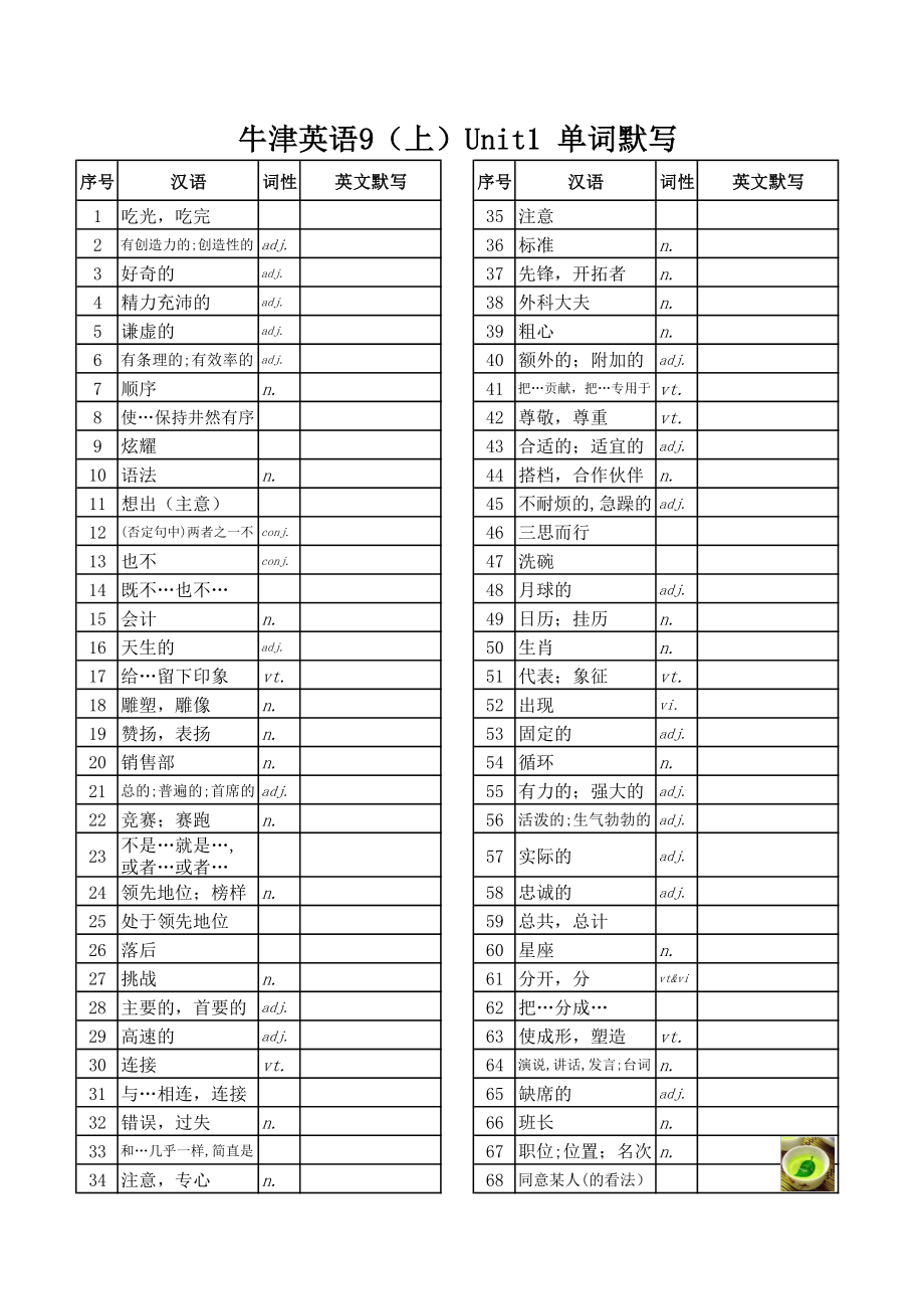 牛津英语9(上)单词默写直接打印版.doc_第1页