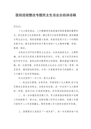 医院巡视整改专题民主生活会总结讲话稿.docx