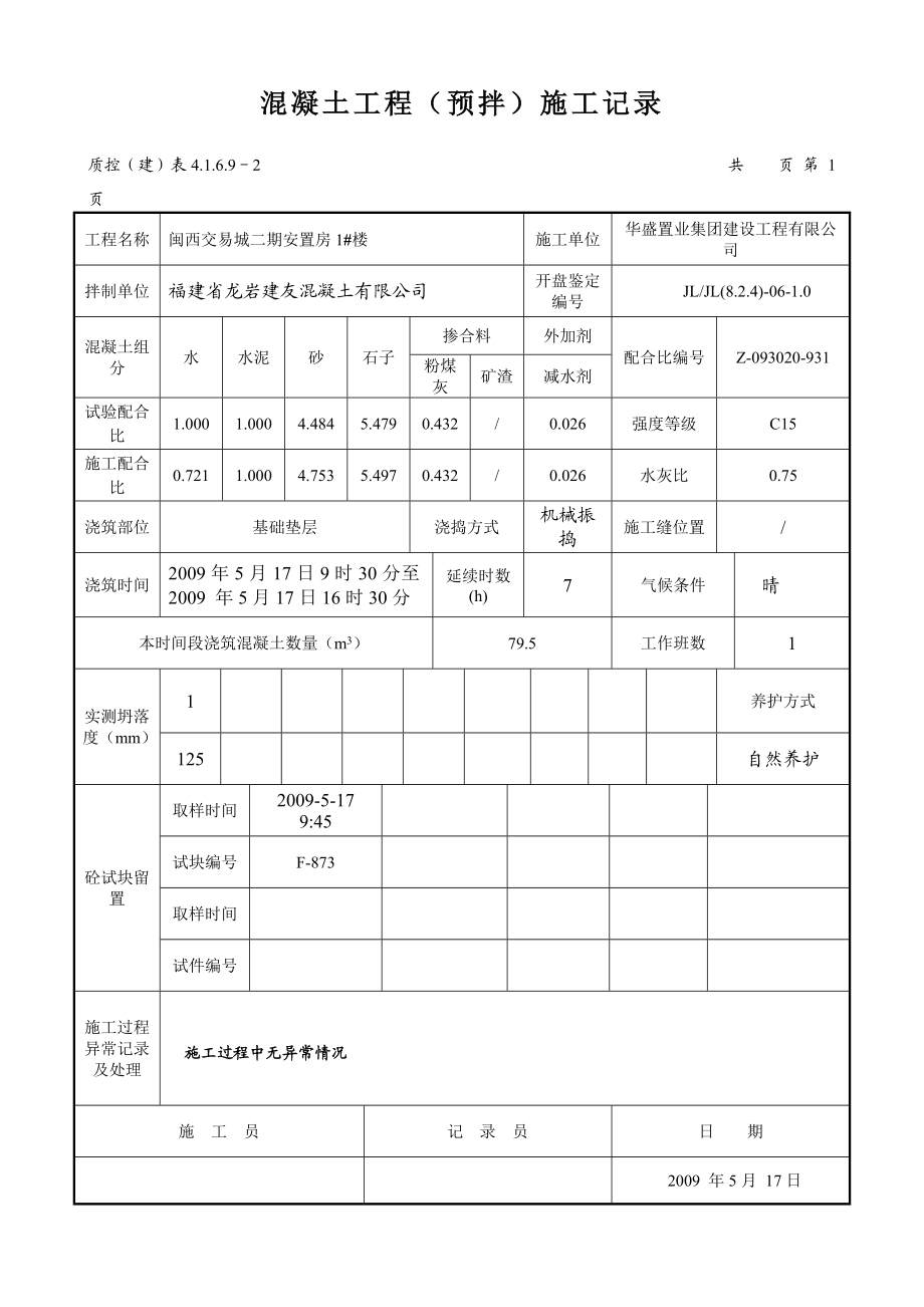 混凝土工程(预拌)施工记录.doc_第1页