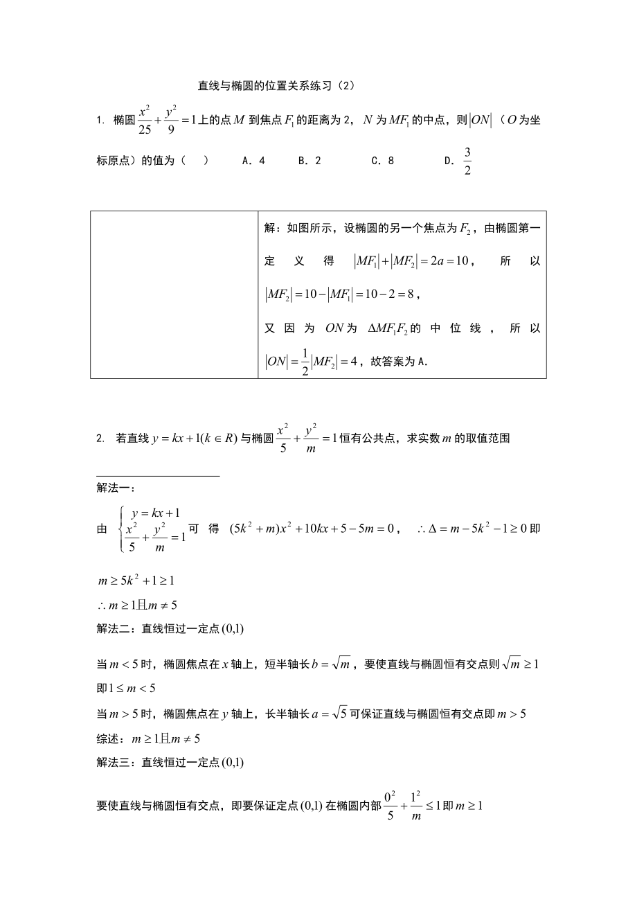 直线与椭圆的位置关系练习题目与答案.doc_第1页