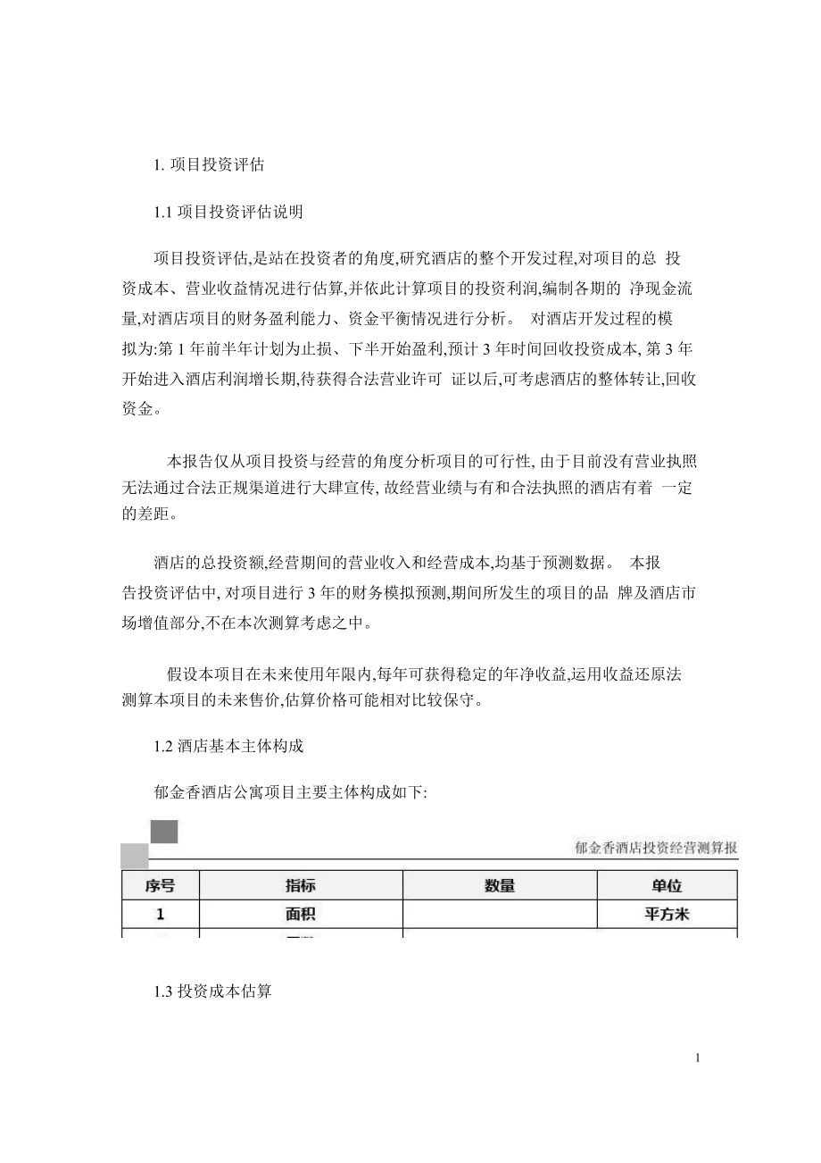 酒店投资估算报告.docx_第1页