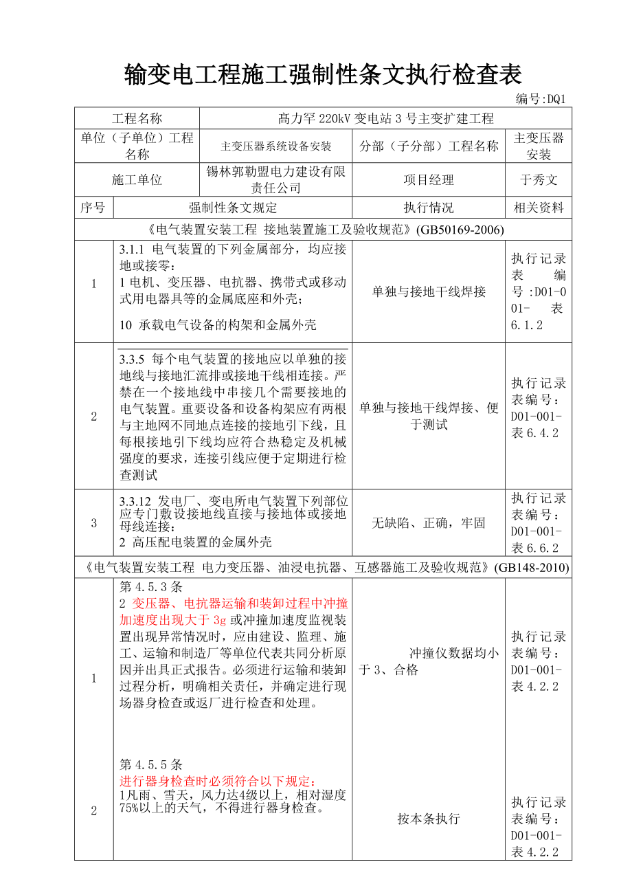 输变电项目工程施工强制性条文检查执行检查文本记录.doc_第1页