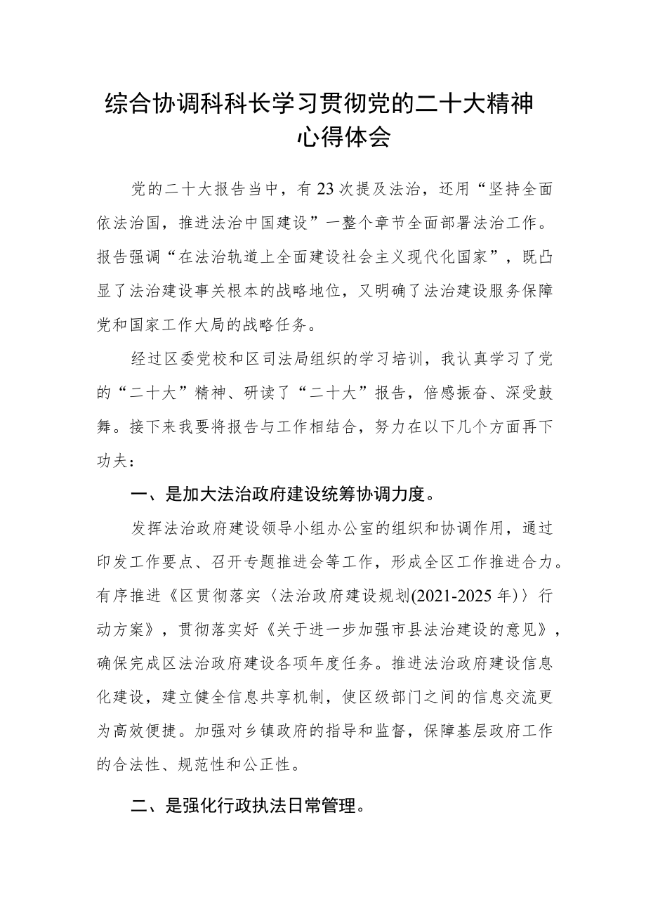 综合协调科科长学习贯彻党的二十大精神心得体会.docx_第1页