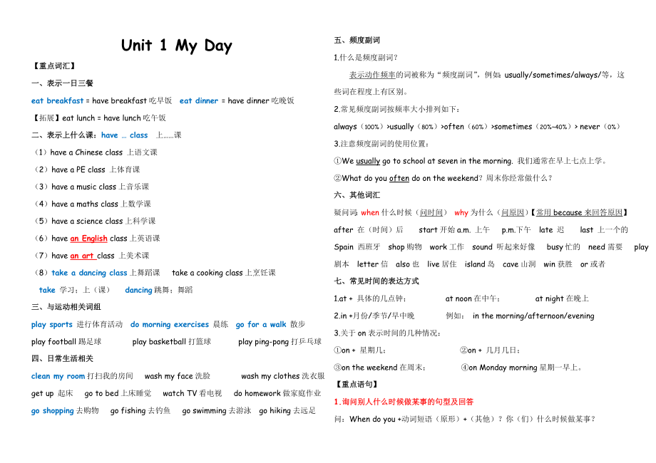 PEP人教版五年级英语下册Unit1-My-Day知识点归纳与练习(含答案).docx_第1页