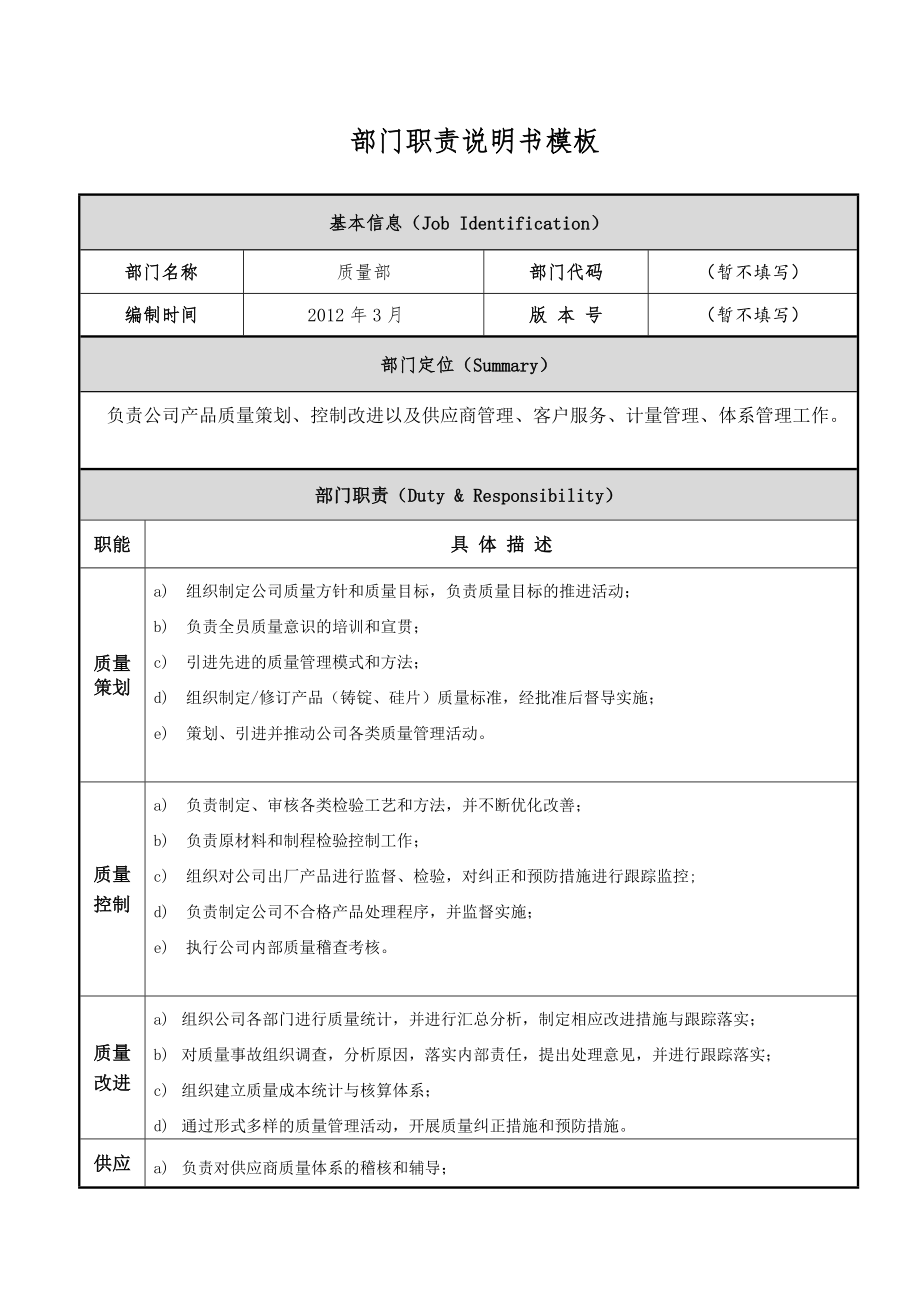 质量部岗位职责说明书.doc_第1页