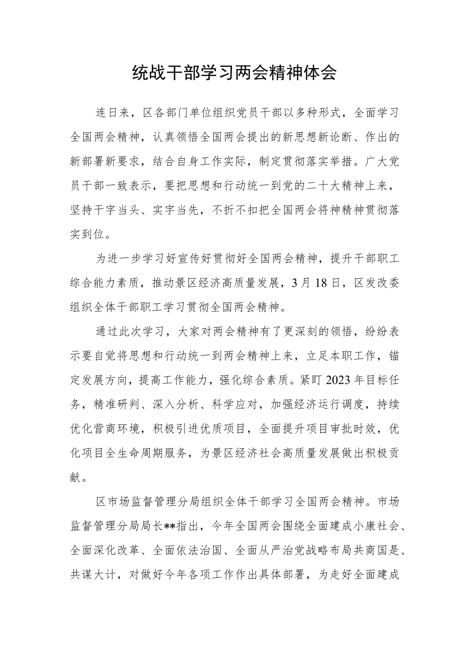 统战干部学习两会精神体会.docx_第1页