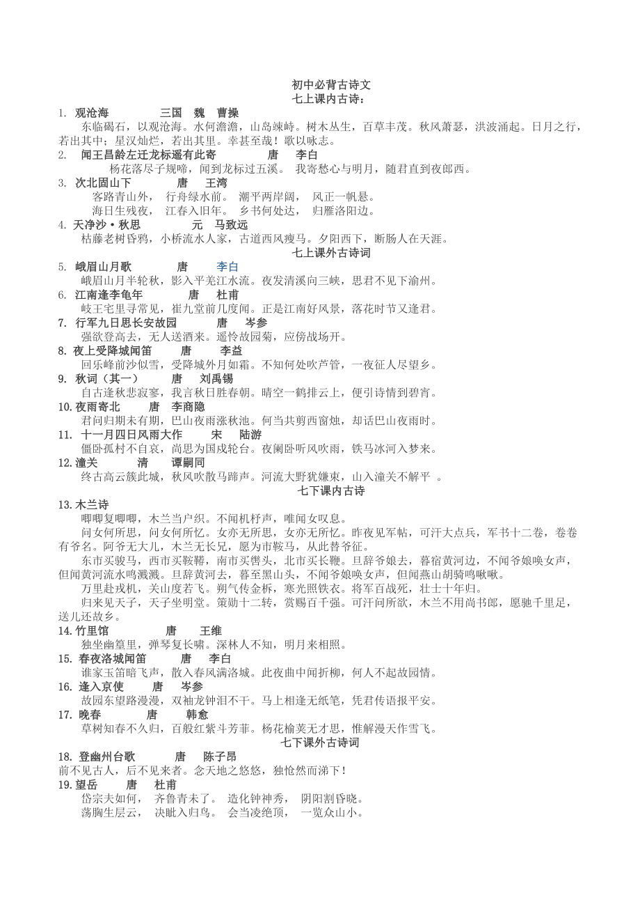 部编新教材初中三年必背古诗文古文翻译呕心沥血整理.doc_第1页