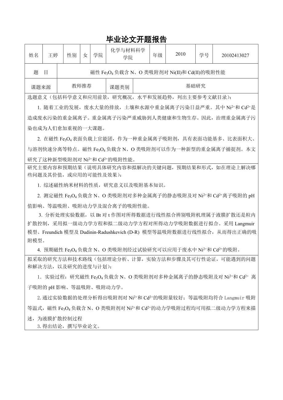 化学专业毕业论文磁性Fe3O4负载含N、O类吸附剂对Ni(II)和Cd(II)的吸附性能.doc_第3页