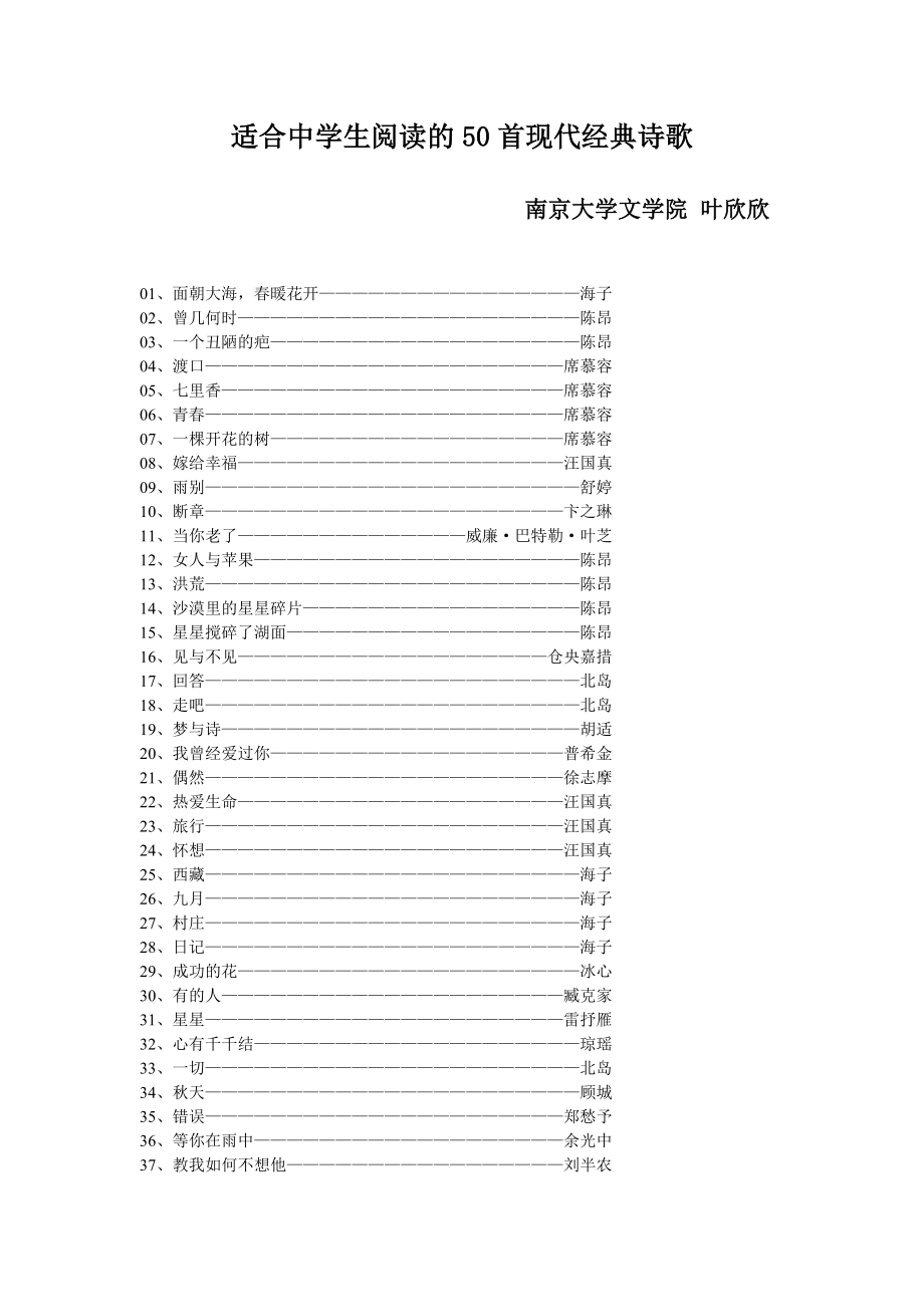 适合中学生阅读50首现代经典诗歌.doc_第1页