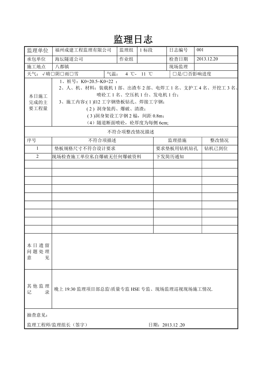 隧道工程监理日志.doc_第1页