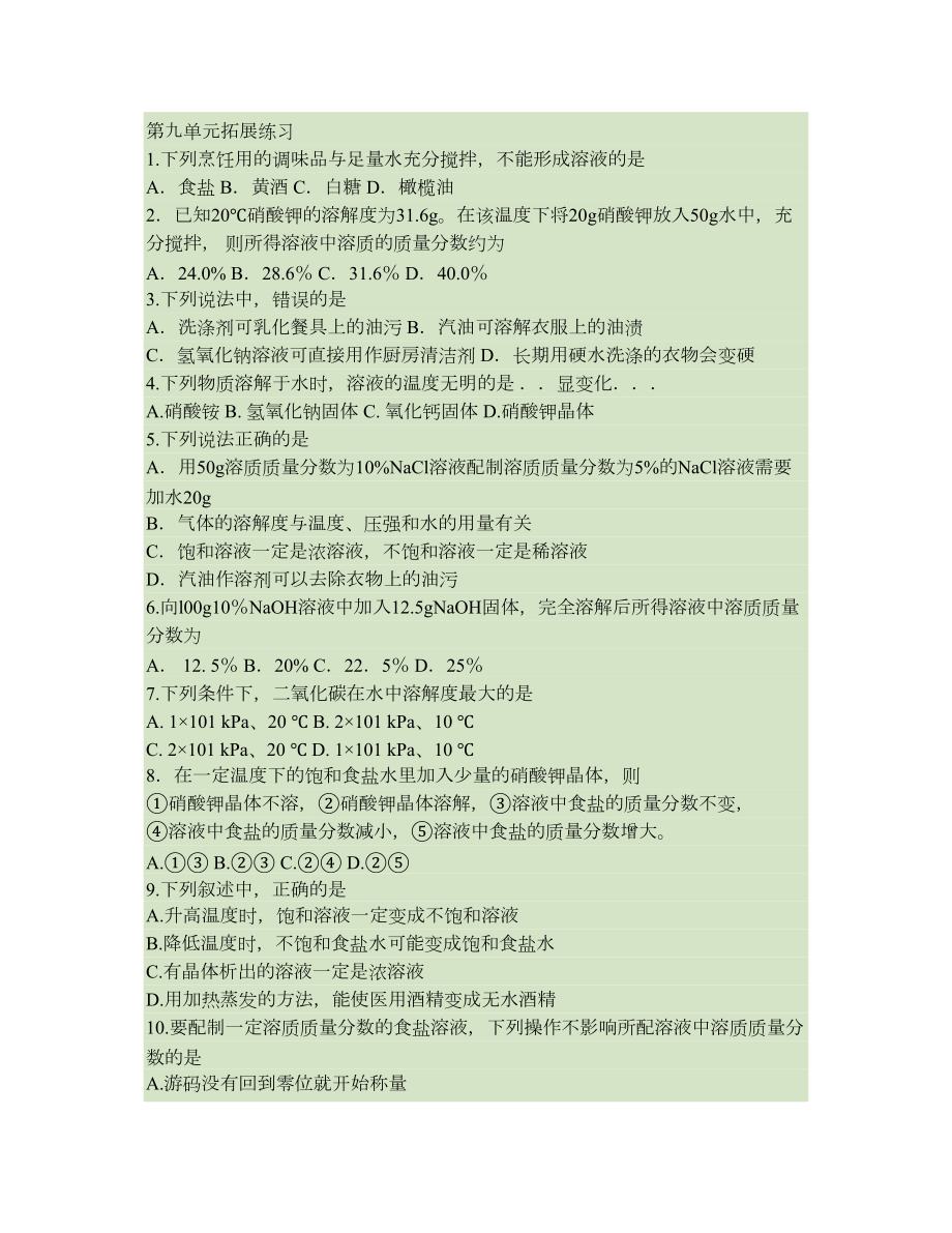 人教版九年级化学第九单元溶液复习习题解析.doc_第1页