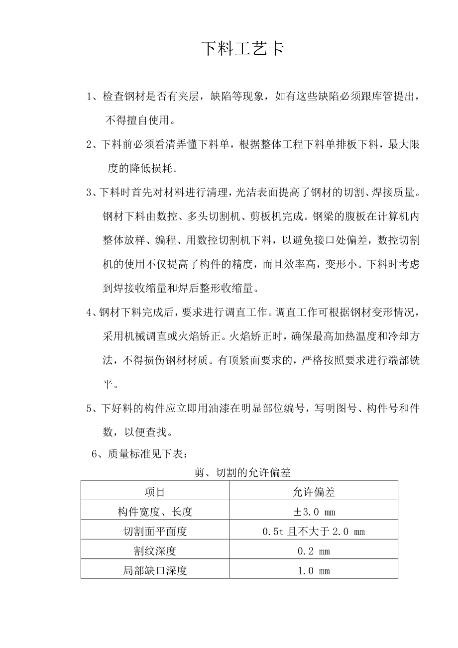 钢结构车间各工序工艺卡.doc_第1页