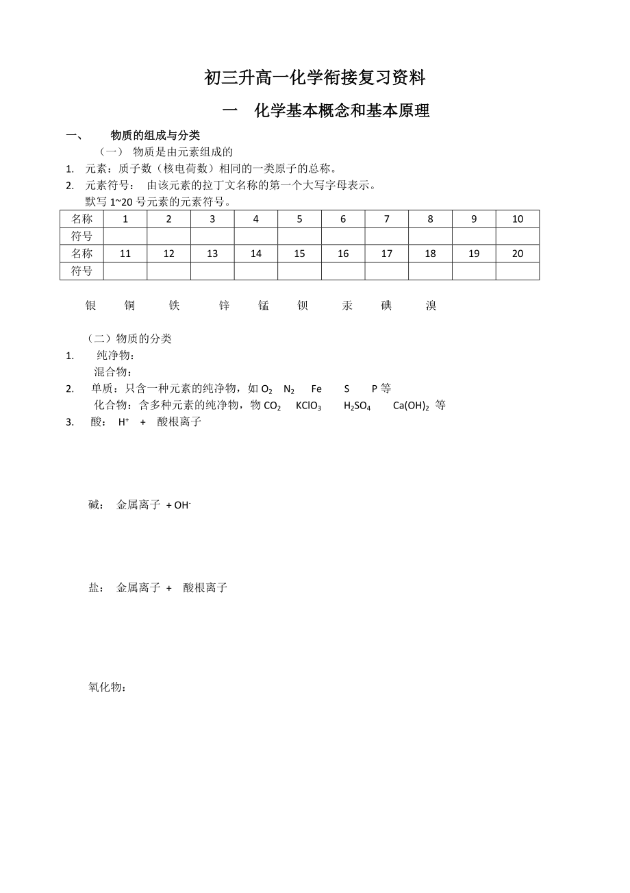 初三升高一化学衔接复习资料.doc_第1页