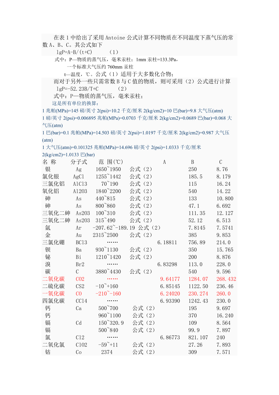 饱和蒸汽压和温度的计算关系式.doc_第1页