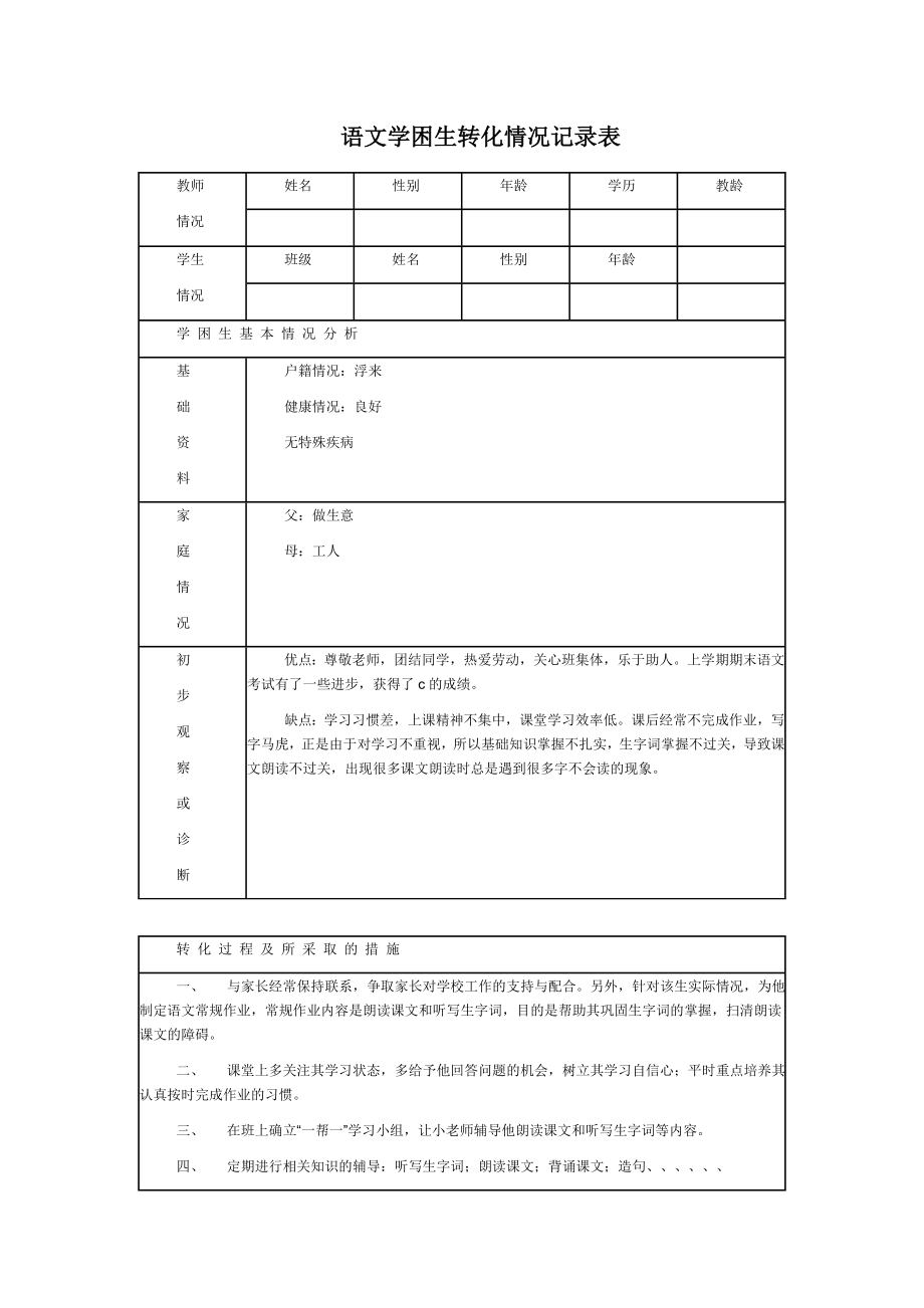 语文学困生转化情况记录表.doc_第1页