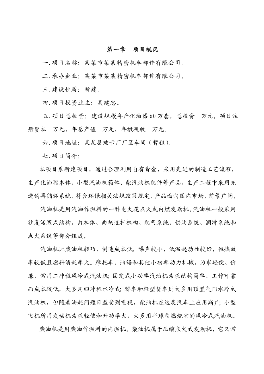 某某精密机车部件有限公司产60万套化油器系列产品可行性研究报告.doc_第3页