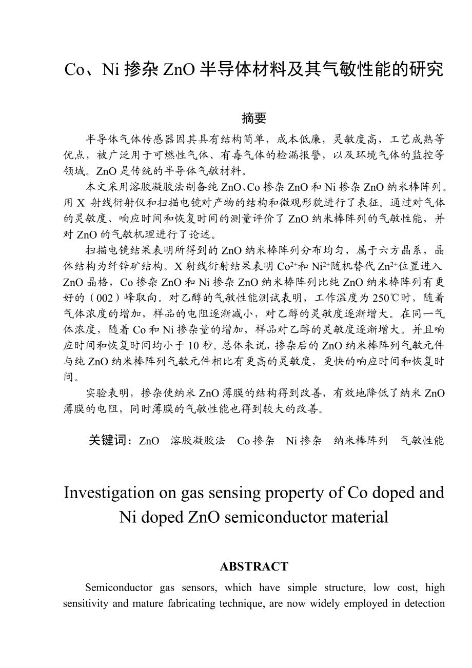 毕业设计（论文）Co、Ni掺杂ZnO半导体材料及其气敏性能的研究.doc_第1页