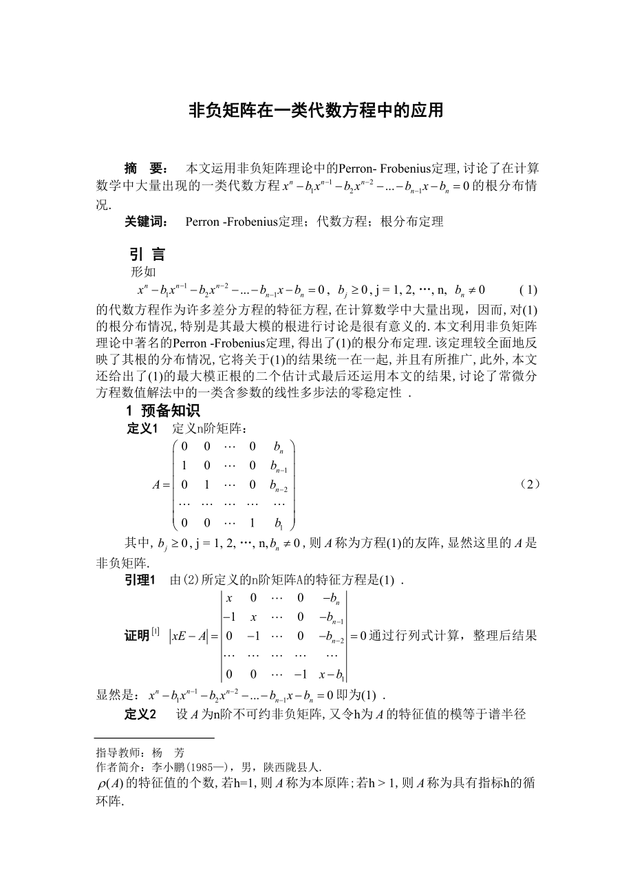 非负矩阵在一类代数方程中的应用毕业论文.doc_第1页