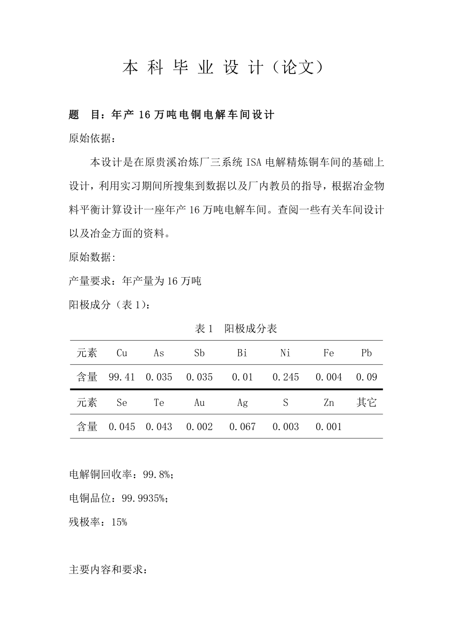 毕业论文设计—产16万吨阴极铜铜电解车间设计.doc_第1页