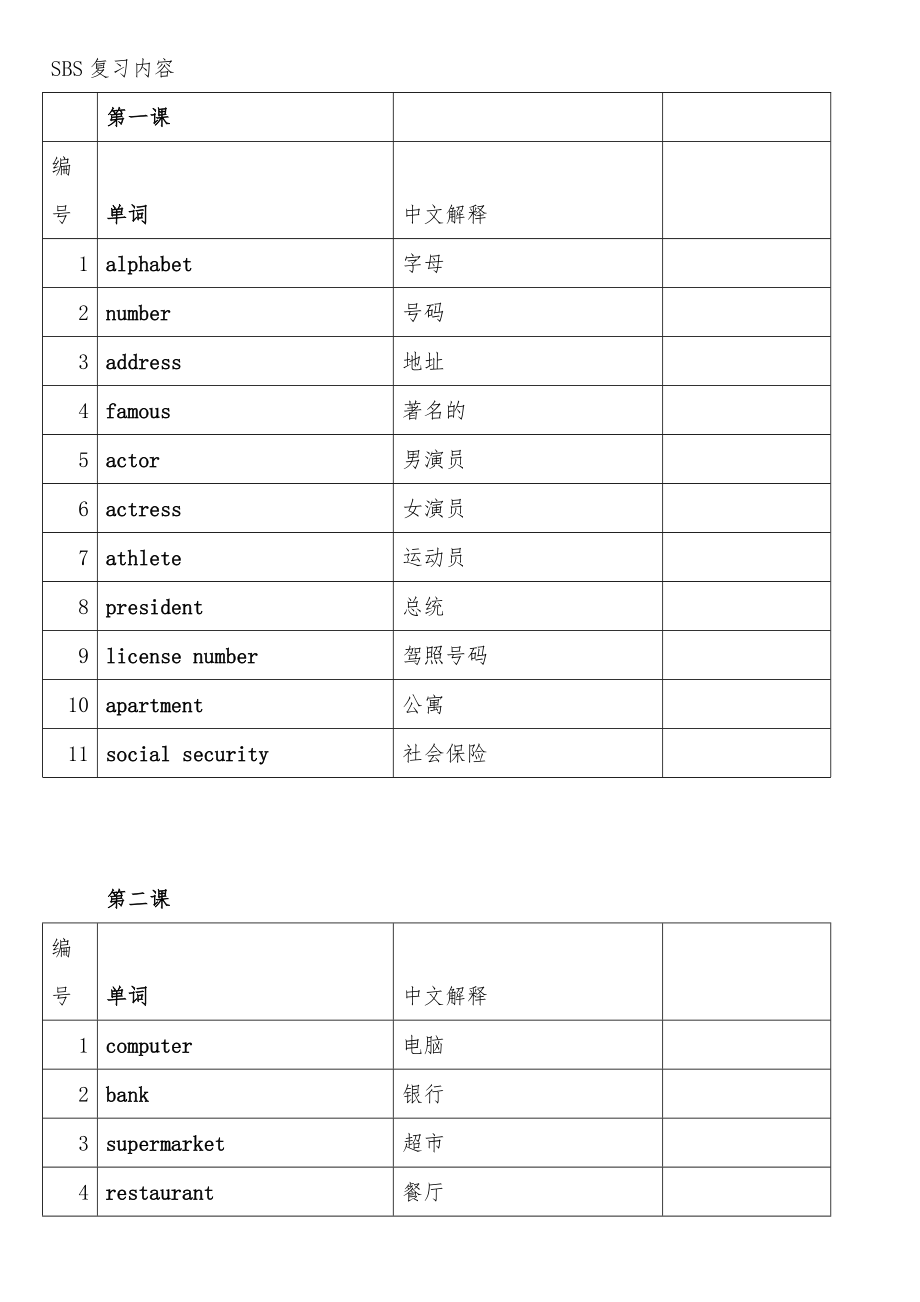 SBS1朗文国际英语教材第一册单词汇总.doc_第1页