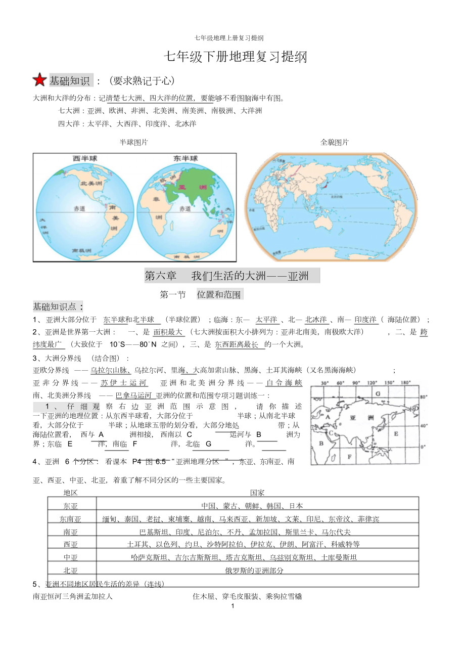 人教版七年级地理下册复习资料.doc_第1页