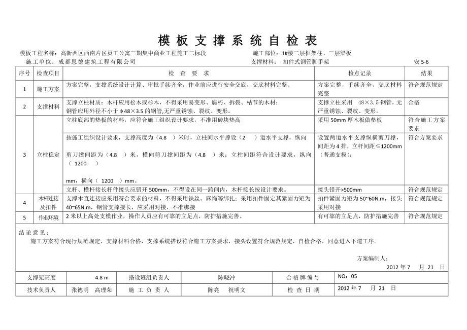 高支模搭设检查验收表最新版.doc_第1页