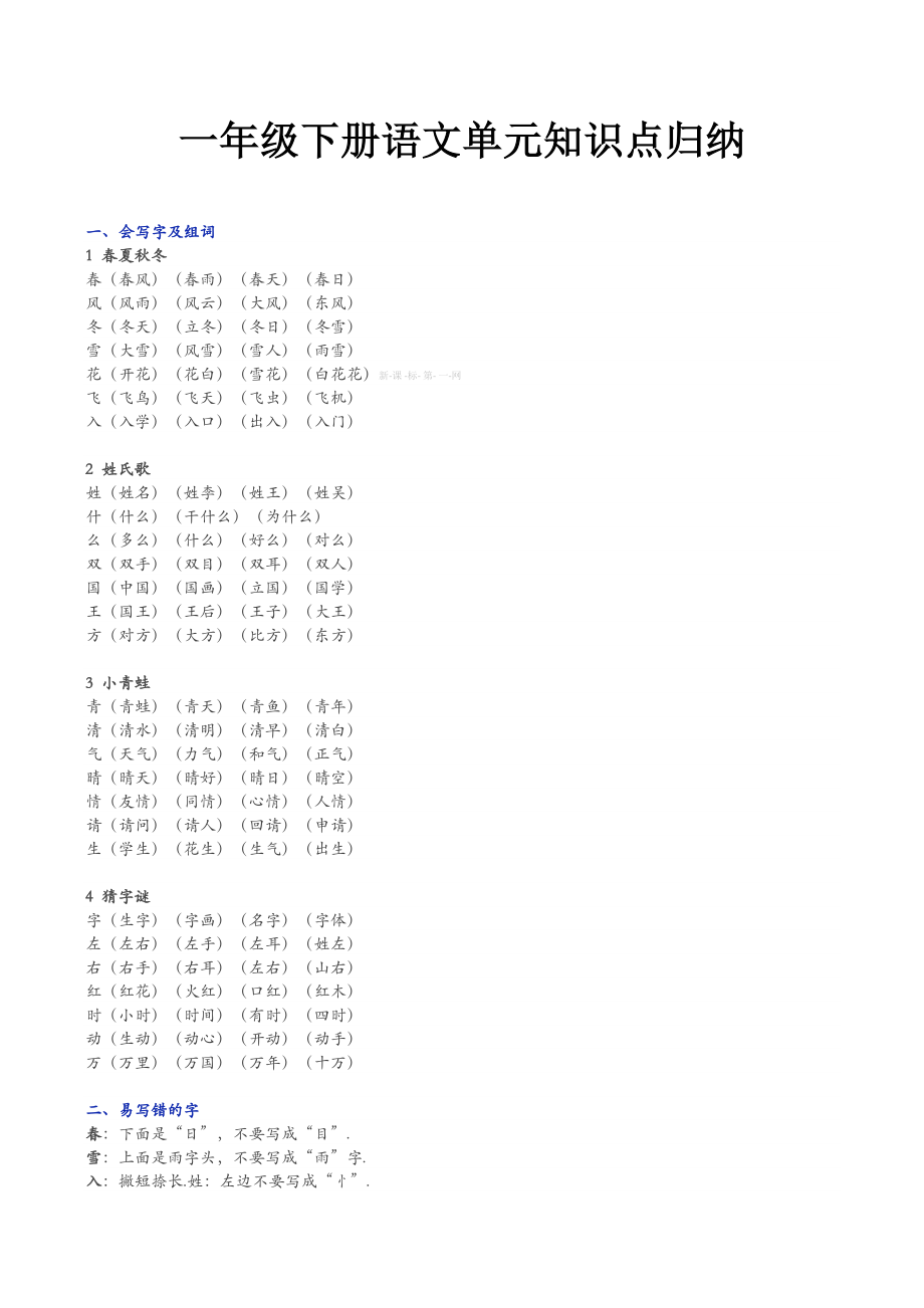 一年级下册语文单元知识点归纳.doc_第1页