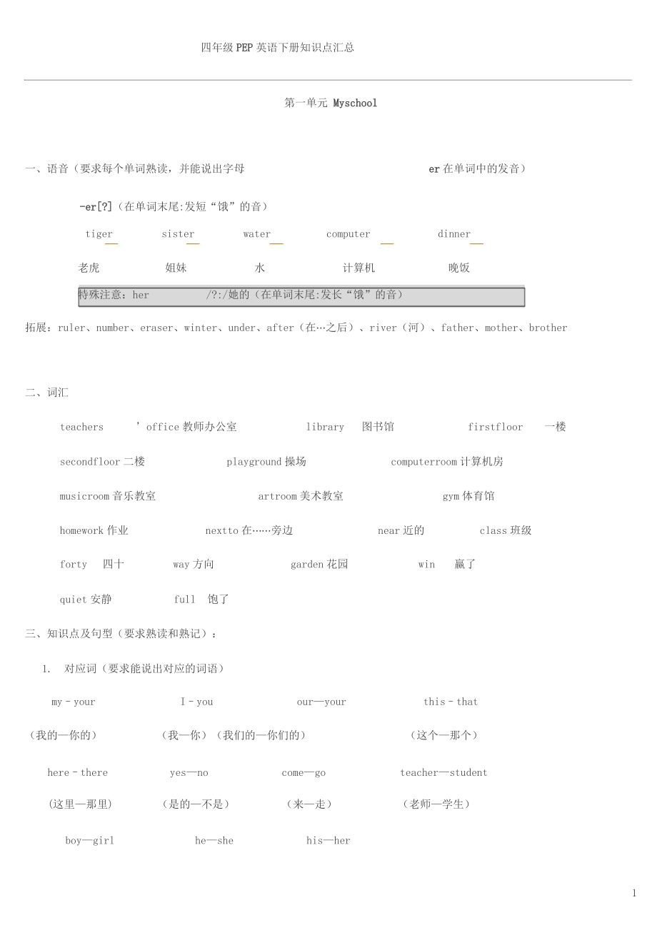 人教版PEP四年级英语下册知识点归纳总结.docx_第1页