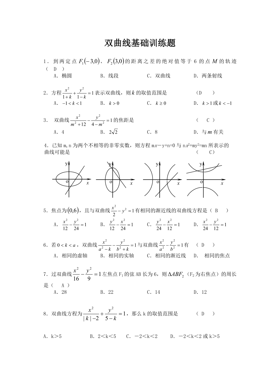 双曲线基础训练题(含答案).doc_第1页