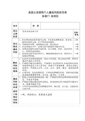 县国土资源局个人廉政风险防范表各岗位各部门.doc