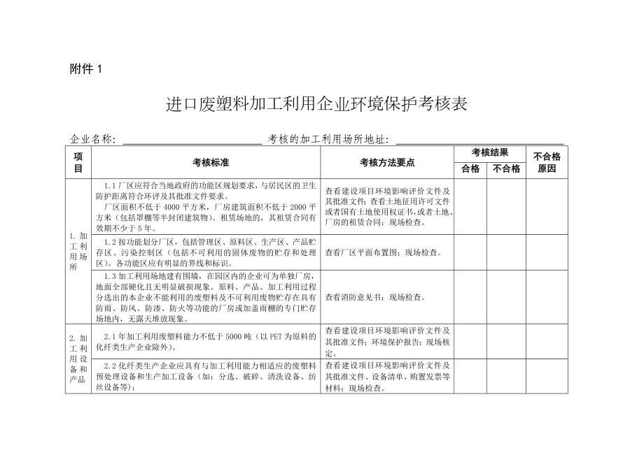 进口废塑料加工利用企业环境保护考核表.doc_第1页