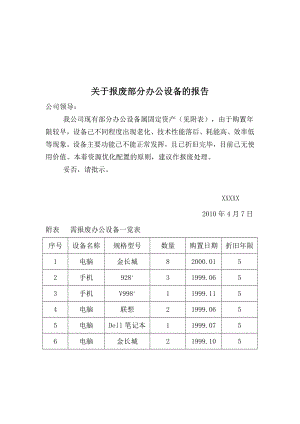 关于报废部分办公设备的报告.doc