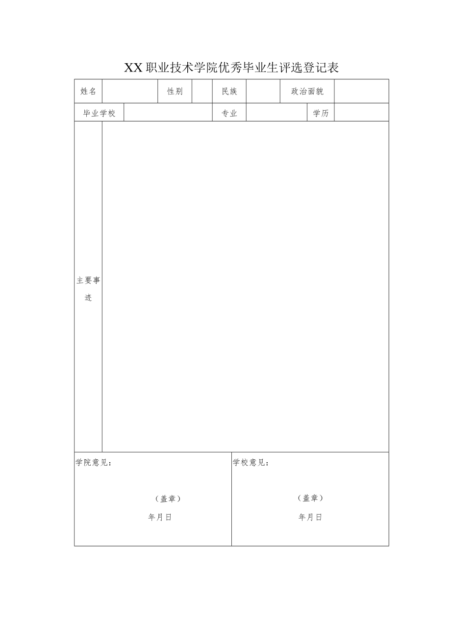 XX职业技术学院优秀毕业生评选登记表.docx_第1页