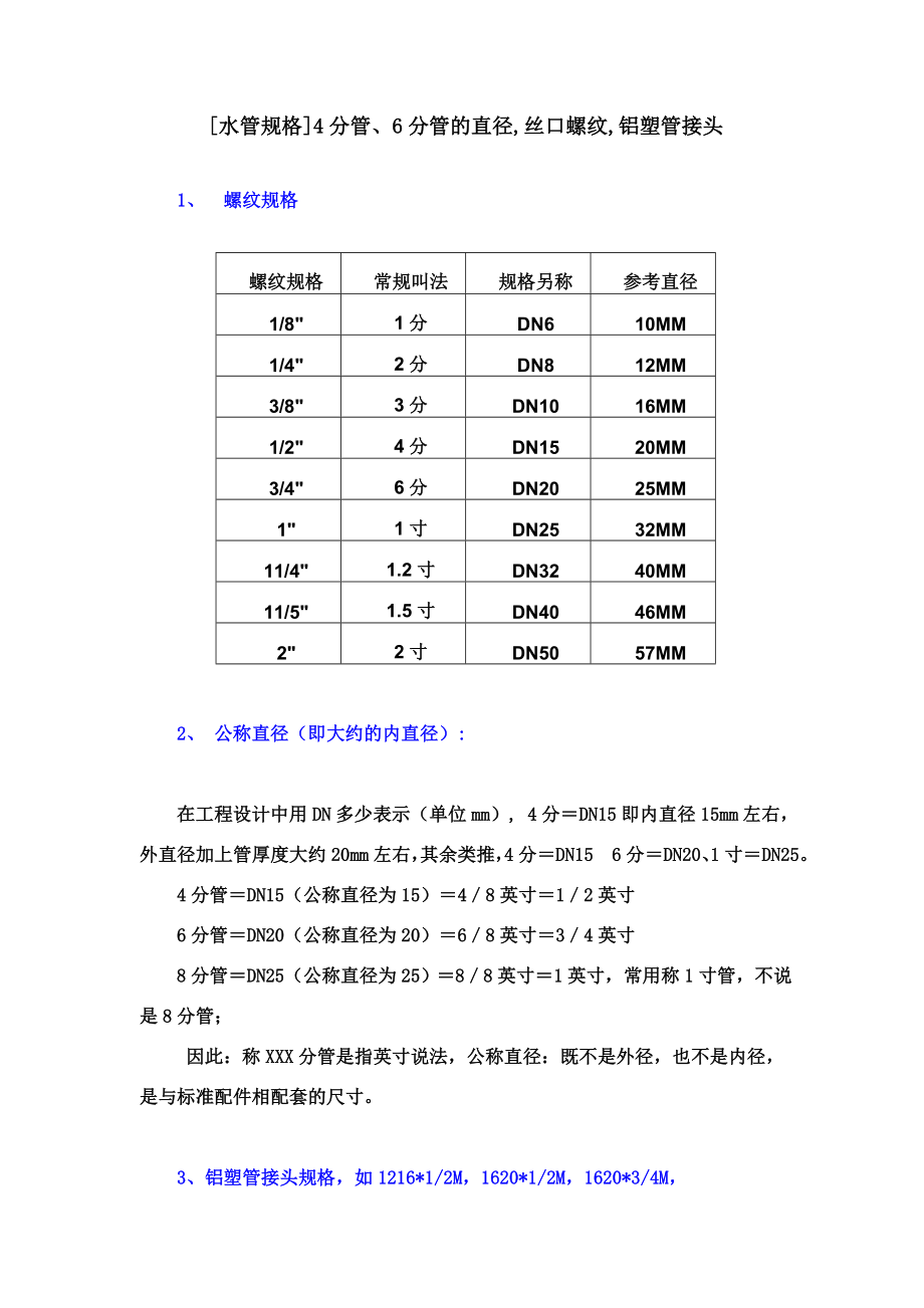 [水管规格]4分管、6分管的直径,丝口螺纹,铝塑管接头.doc_第1页