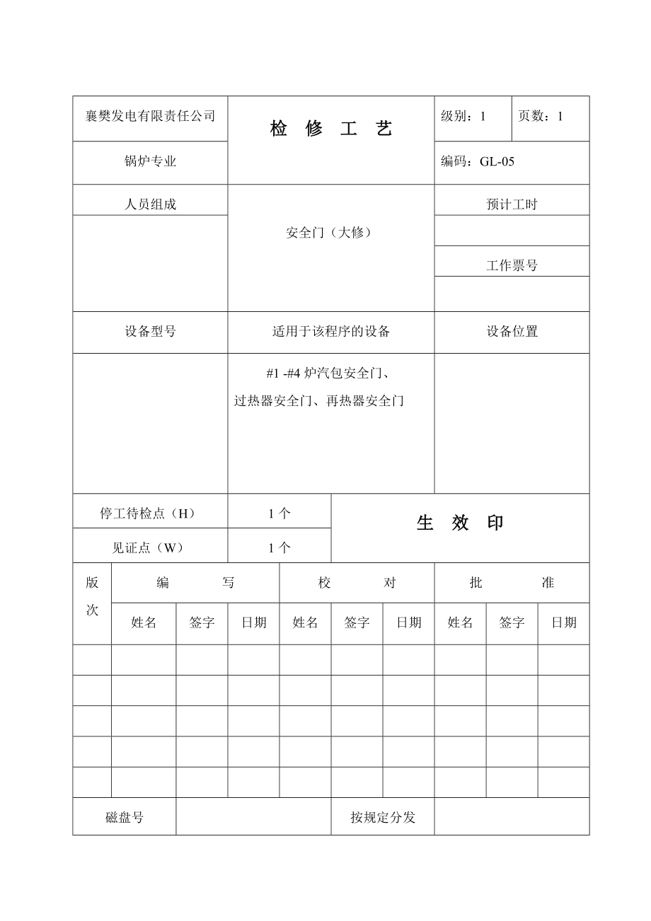 XX发电公司锅炉专业检修工艺安全门.doc_第1页