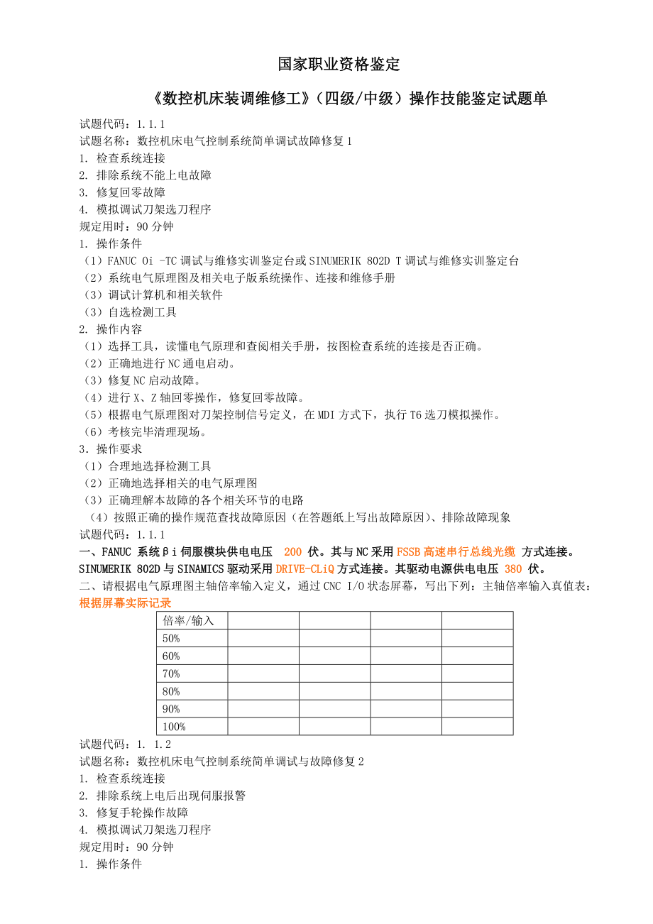 数控机床装调维修工 (四级)操作技能鉴定试题.doc_第1页