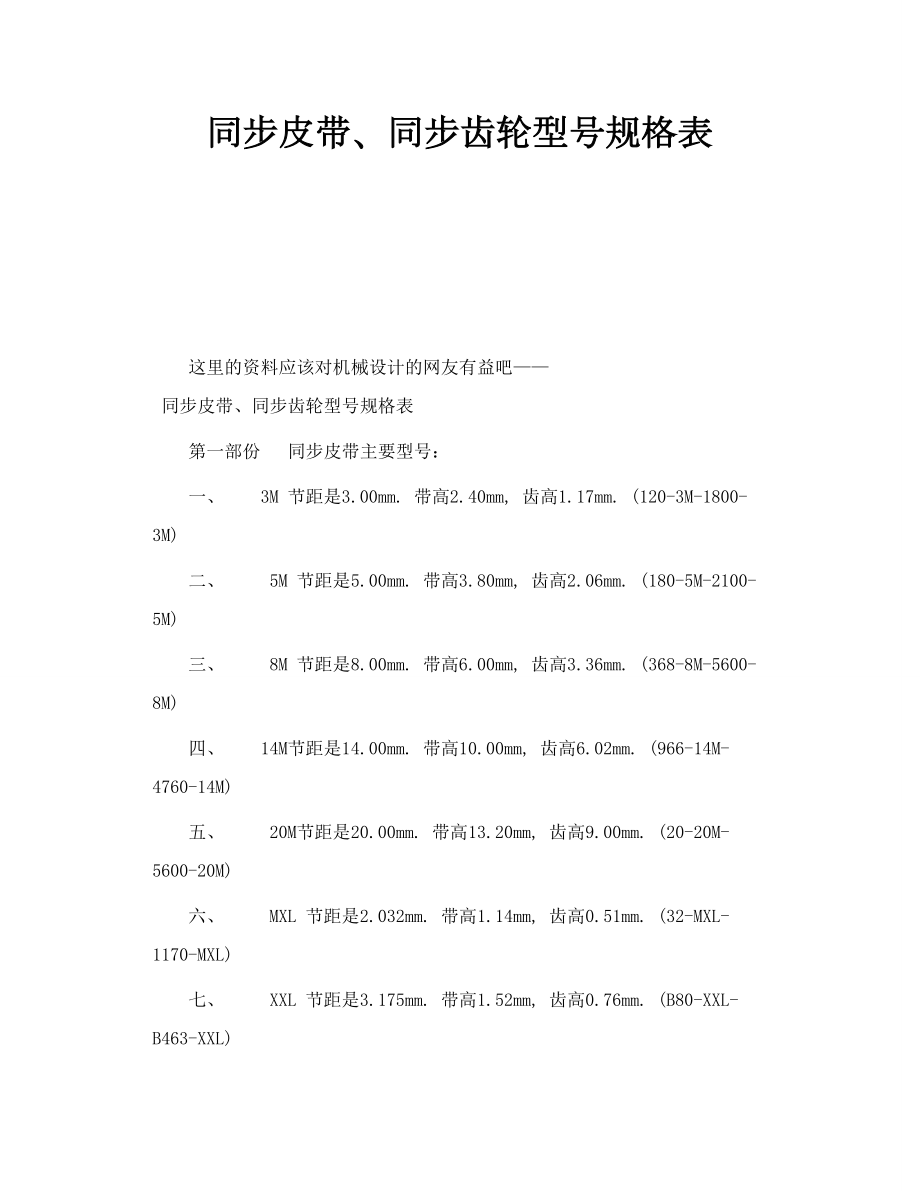 同步皮带、同步齿轮型号规格表.doc_第1页