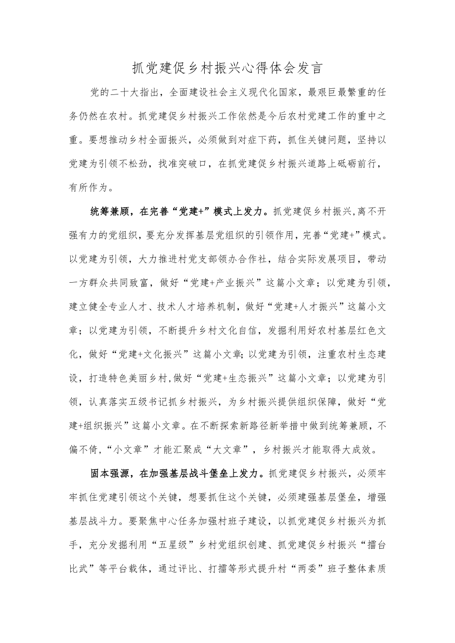 抓党建促乡村振兴心得体会发言.docx_第1页