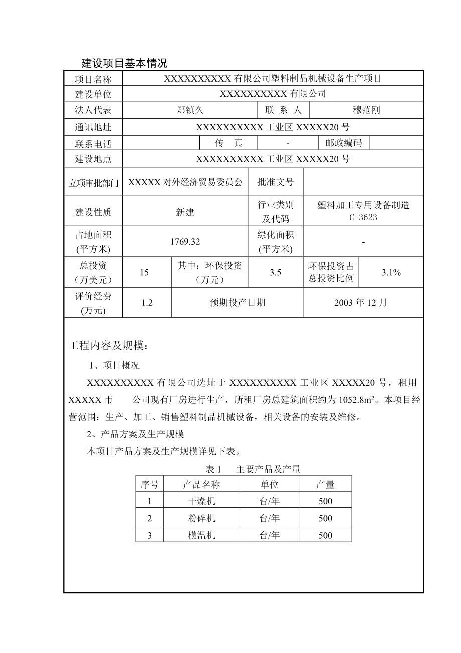 塑料制品机械设备生产项目环评报告表1.doc_第1页