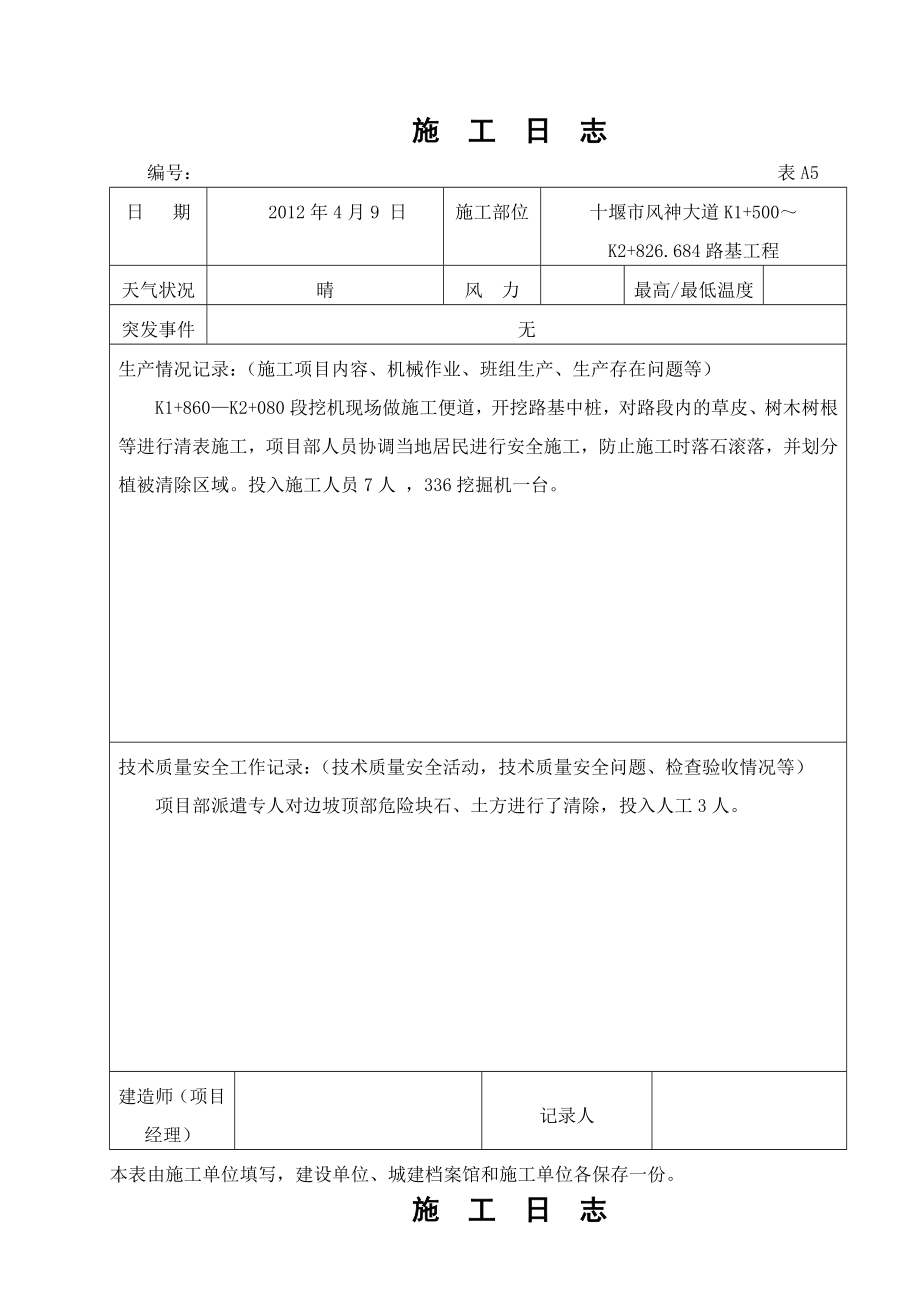 十堰市风神大道路基工程公路工程施工日志.doc_第1页