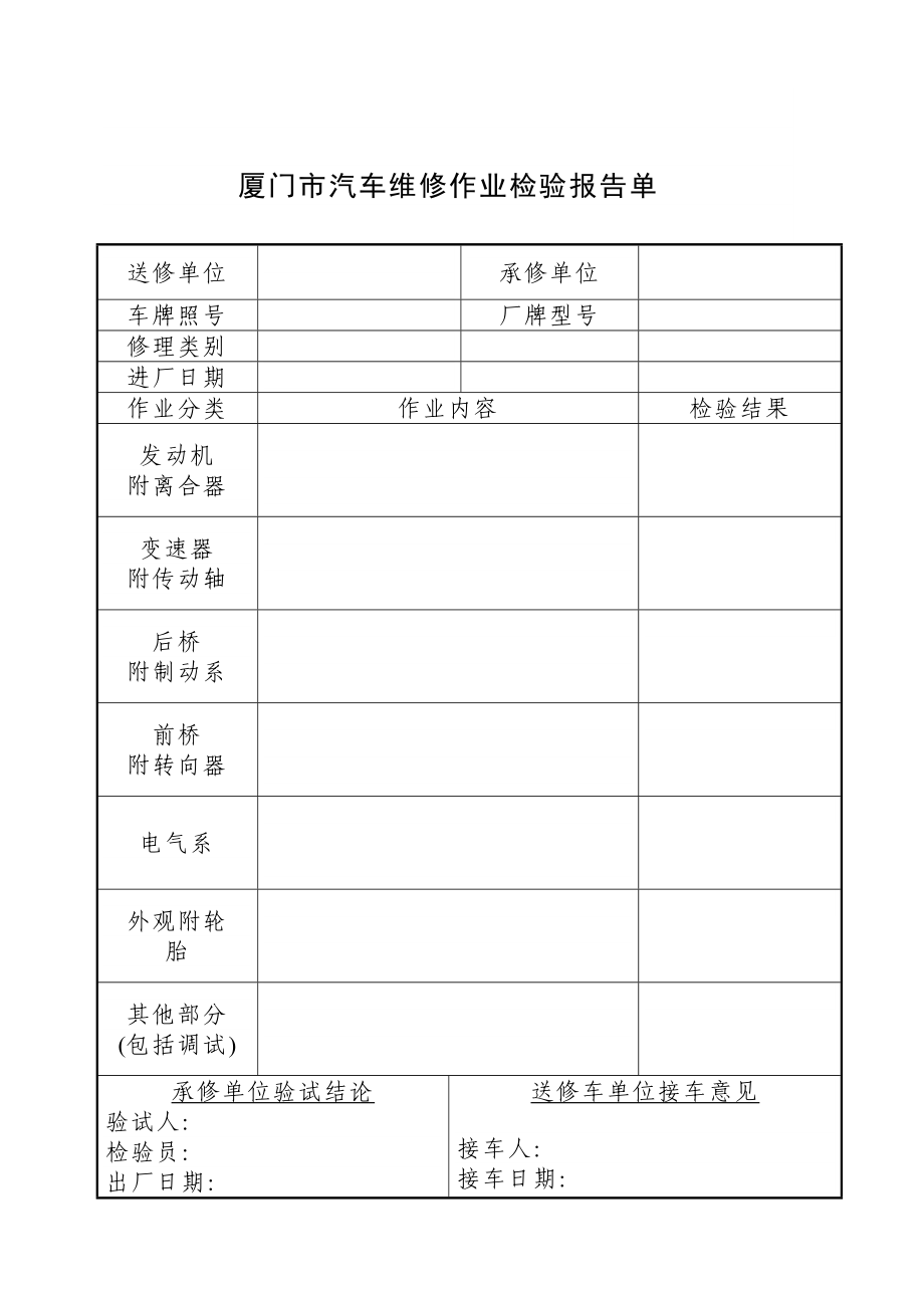 厦门市汽车维修作业检验报告单.doc_第1页