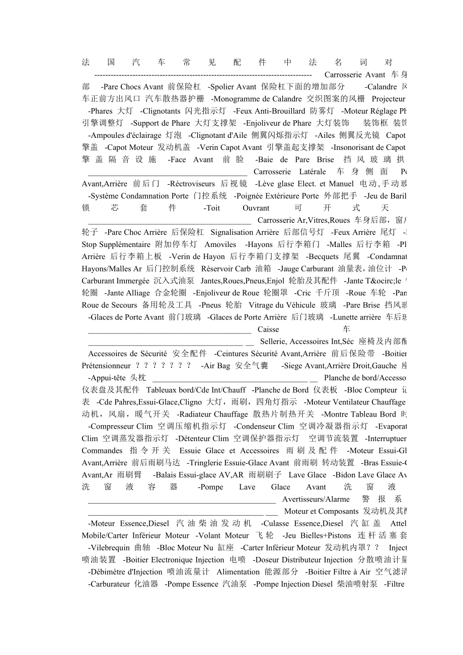 法国汽车常见配件中法名词对照.doc_第1页